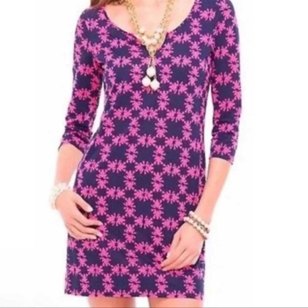Lilly Pulitzer Frog Print Pima Cotton Mini Dress Navy Pink 3/4 Sleeve XS
